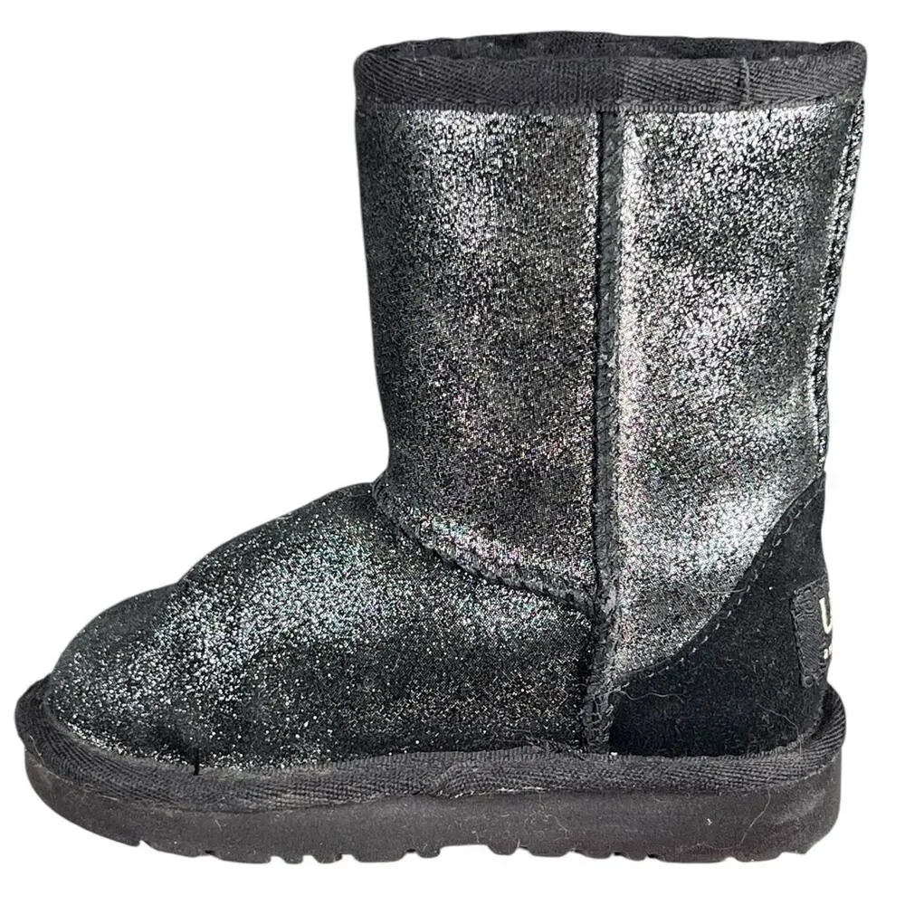 UGG Kids Classic Metallic Black Glitter Winter Snow Boot Size US 6